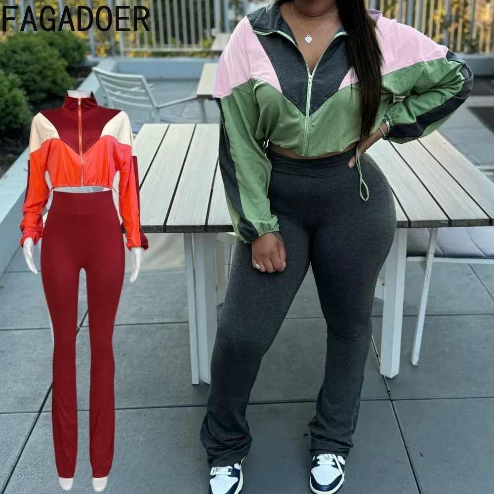Women's Two Piece Pants FAGADOER Color Block Strt 2 Piece Set Outfit Casual Zip Drawstring Crop Top + High Waist Flare Pants Suit Autumn New Acti