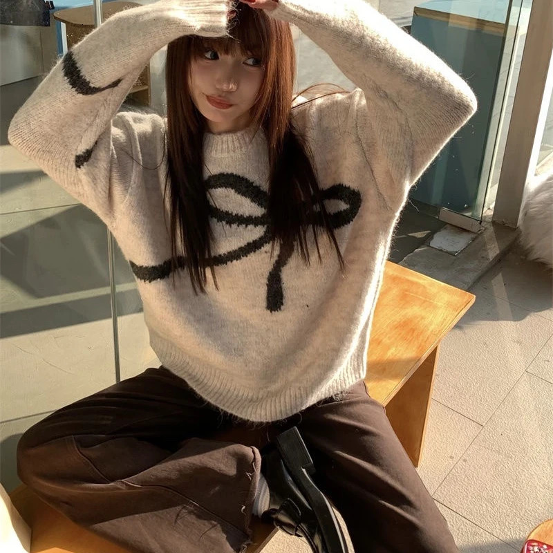 Deeptown Elegant Bow Sweaters Women Vintage Y2k Knitted Pullovers Autumn Winter Loose Long Sleeve Aesthetics Streetwear Jumpers 241010