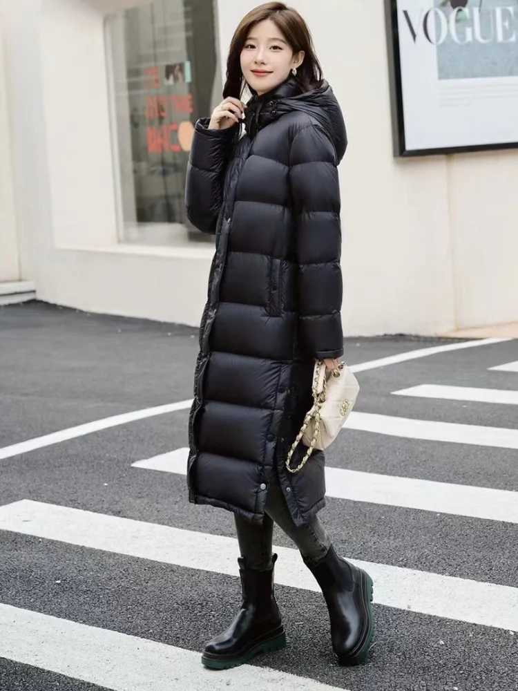 Winter Warm Coat Light Luxury 90 White Goose Down Jacket Hooded Long Section Parka Elegant Leisure Slim Fluffy Womens CoatX241019