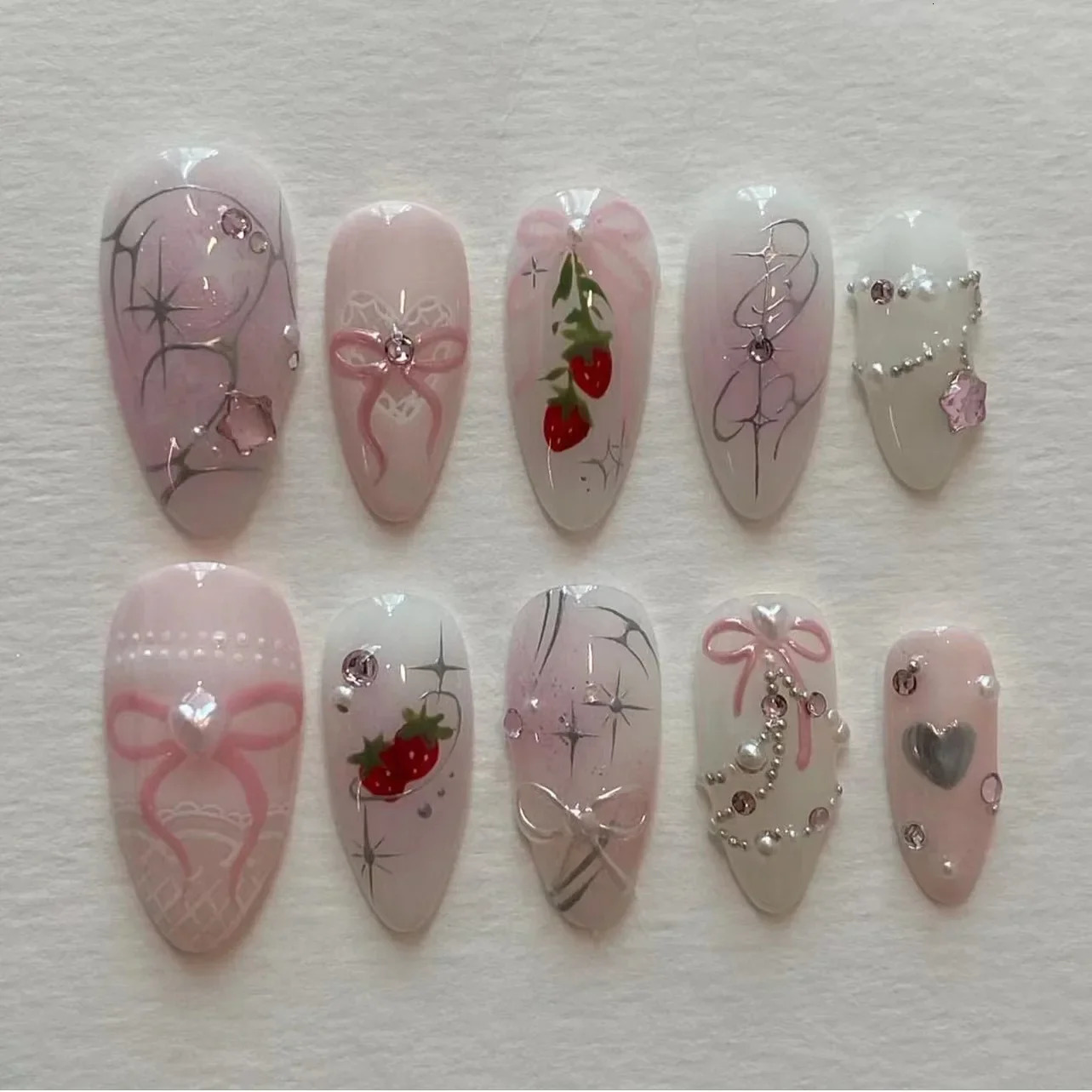 24pcs Short Almond Press on Nails 3D Flower Butterfly Nails with Glue Colorful Natural Acrylic False Nails Full Cover Nails 241007