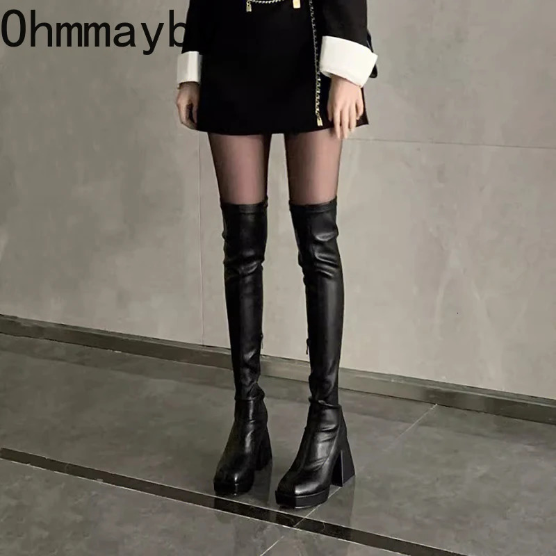 Autumn and winter street style elastic knee high boots for women fashionable round toe square platform high-heeled boots 241018