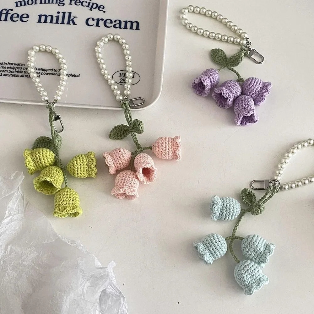 Creative Knitted Flowers Bag Pendant Ins Cute Lily of the Valley Charms Pearls Chain Key Handmade Crocheted Decoration 241017