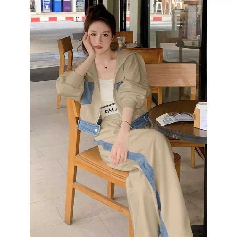 Womens Two Piece Pants Plus size womens denim patch work sweater 2piece set for spring and autumn weight loss color blocked cardigan wool sweater with