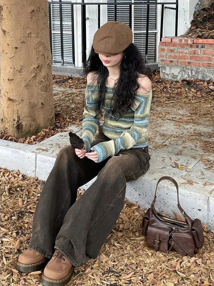 Deeptown Harajuku Off Shoulder Knitted Sweater Women Vintage Green Striped Jumper Fairycore Slim Two Piece Sets Y2K Tops 241010