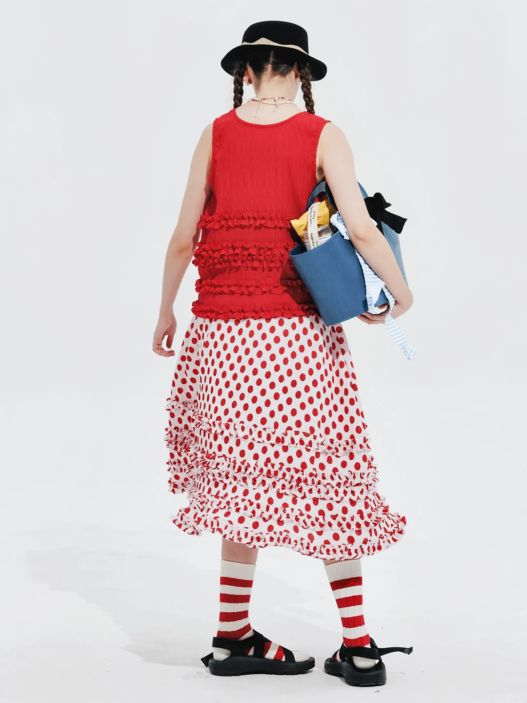 IMAKOKONI original n elastic waist polka dot lace stitching red skirt for women 244660 241019