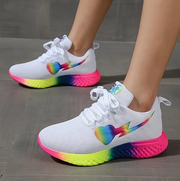 2023 Summer Thick Sole Casual Knitted Sports Shoes Women's Large Lace up Rainbow Low Top Running Shoes Single Shoe