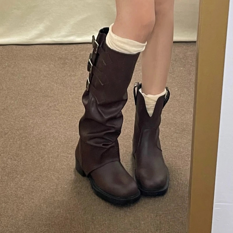Womens Autumn Fashionable Round Toe er Anti slip Thick Bottom Mid calf Boots Outdoor Leisure Comfortable Dress Womens Party Boots 241018