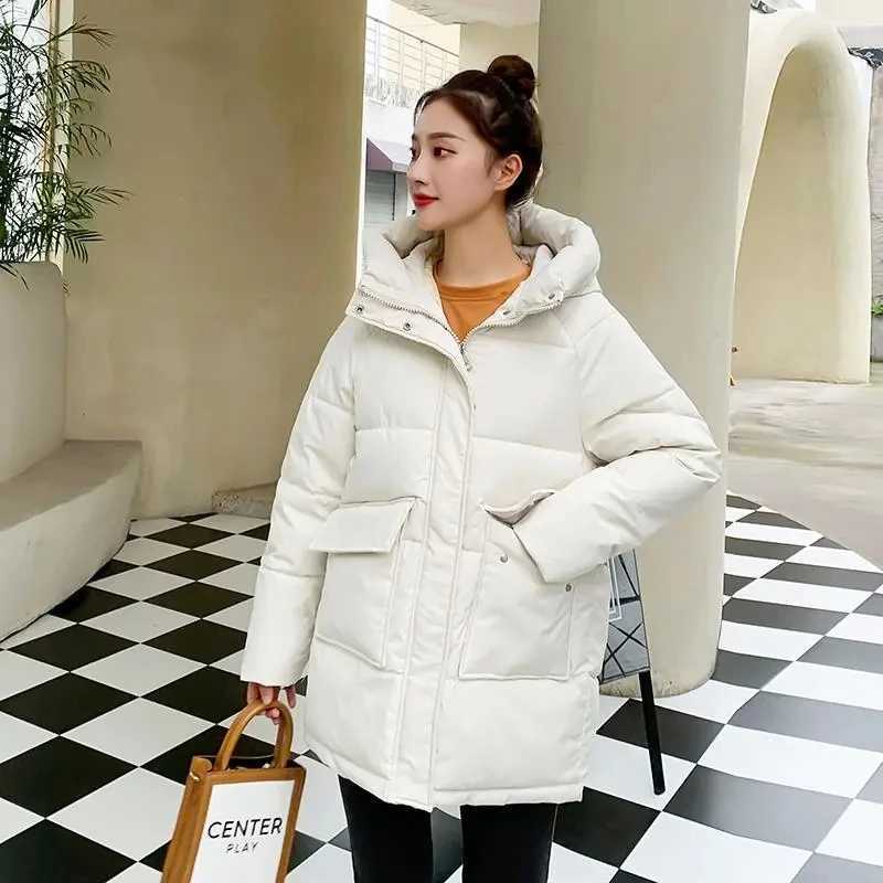 Womens jacket winter cotton-padded warm coat 2023 fashion long pocket hooded parka South Korea loose womens wearX241019
