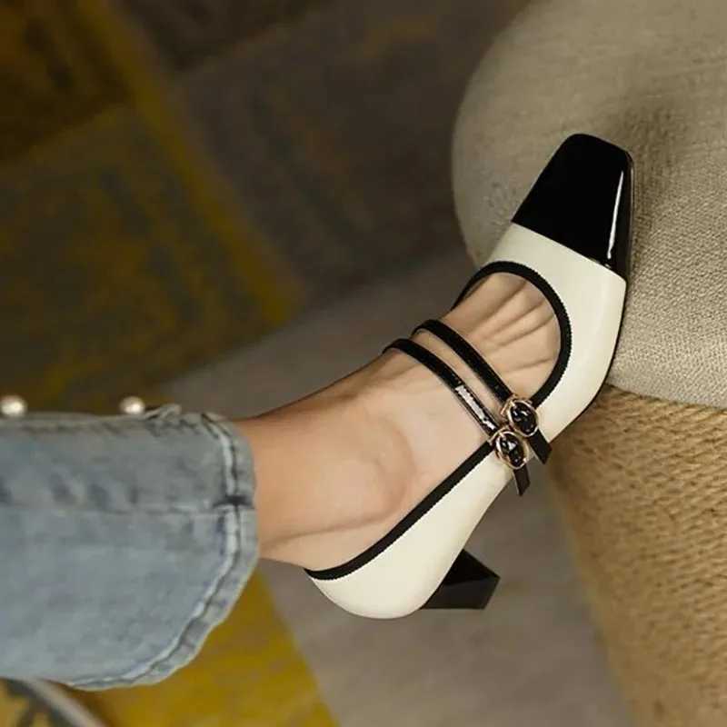 Womens mixed color pump double button Mary Janes shoes black toe high-heeled dress shoes patch work zapatillas mujer tacon Y241019