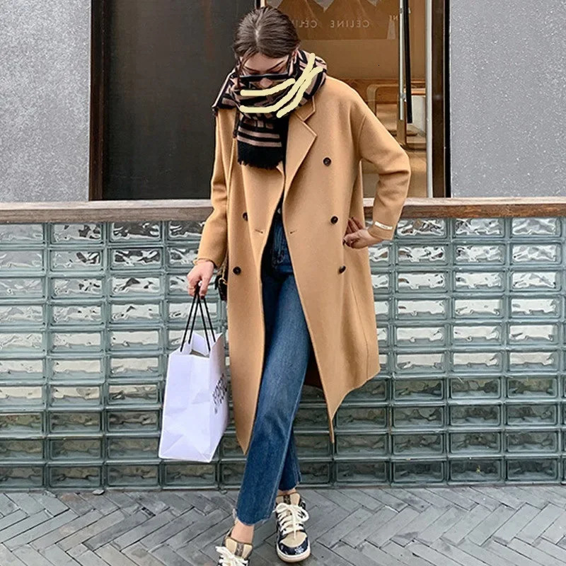 Womens camel cashmere coat long jacket double row buttons autumn and winter fashionable wool jacket 241019