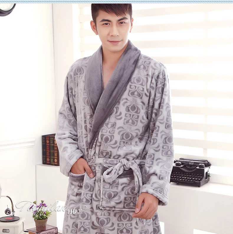Mens Long Sleeve Flannel Bathrobe Thick Sleepwear Warm SPA Bathrobe Male Pajamas Belt Solid Soft Homewear Winter D-2096XJ241018