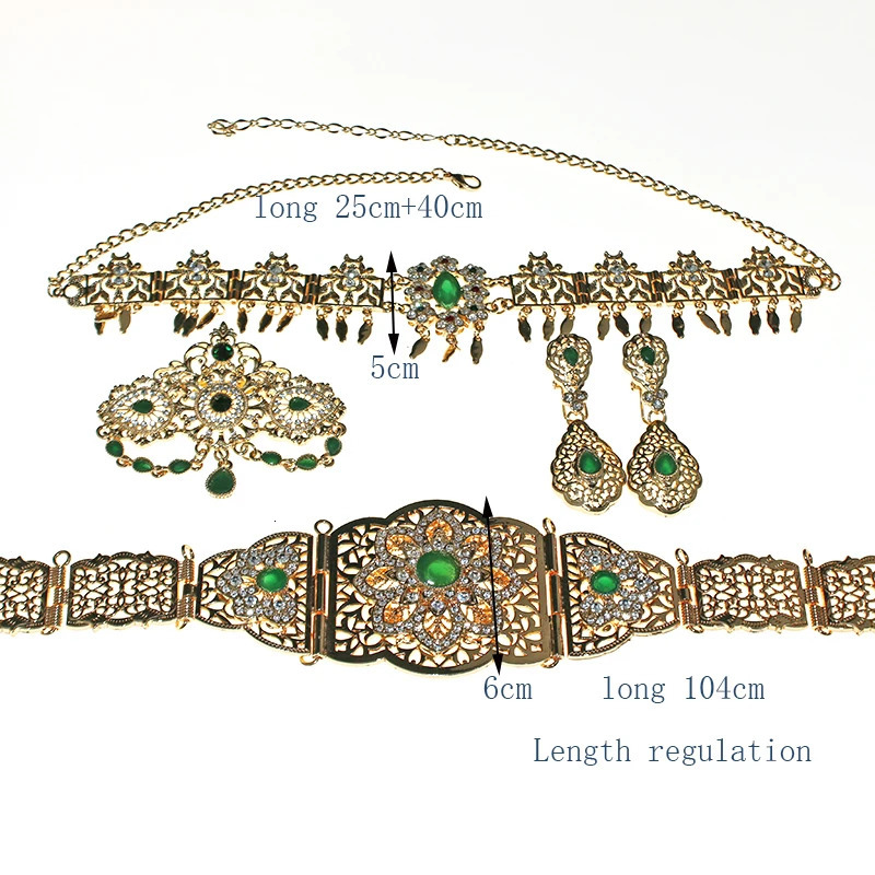 Moroccan women Kaftan gold red green stone ethnic wedding body jewelry metal chain robe with jewelry 241018