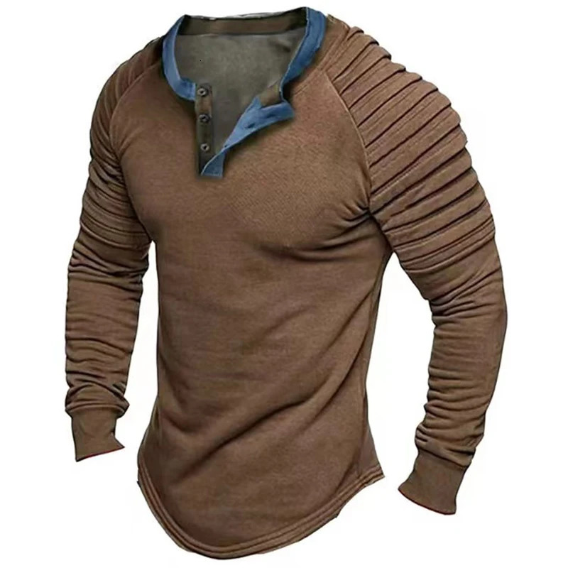 Spring and Autumn Retro Henry Necklace Mens T-shirt Casual Button Fold Long Sleeve T-shirt Mens Casual Solid Loose Floral Top 241018