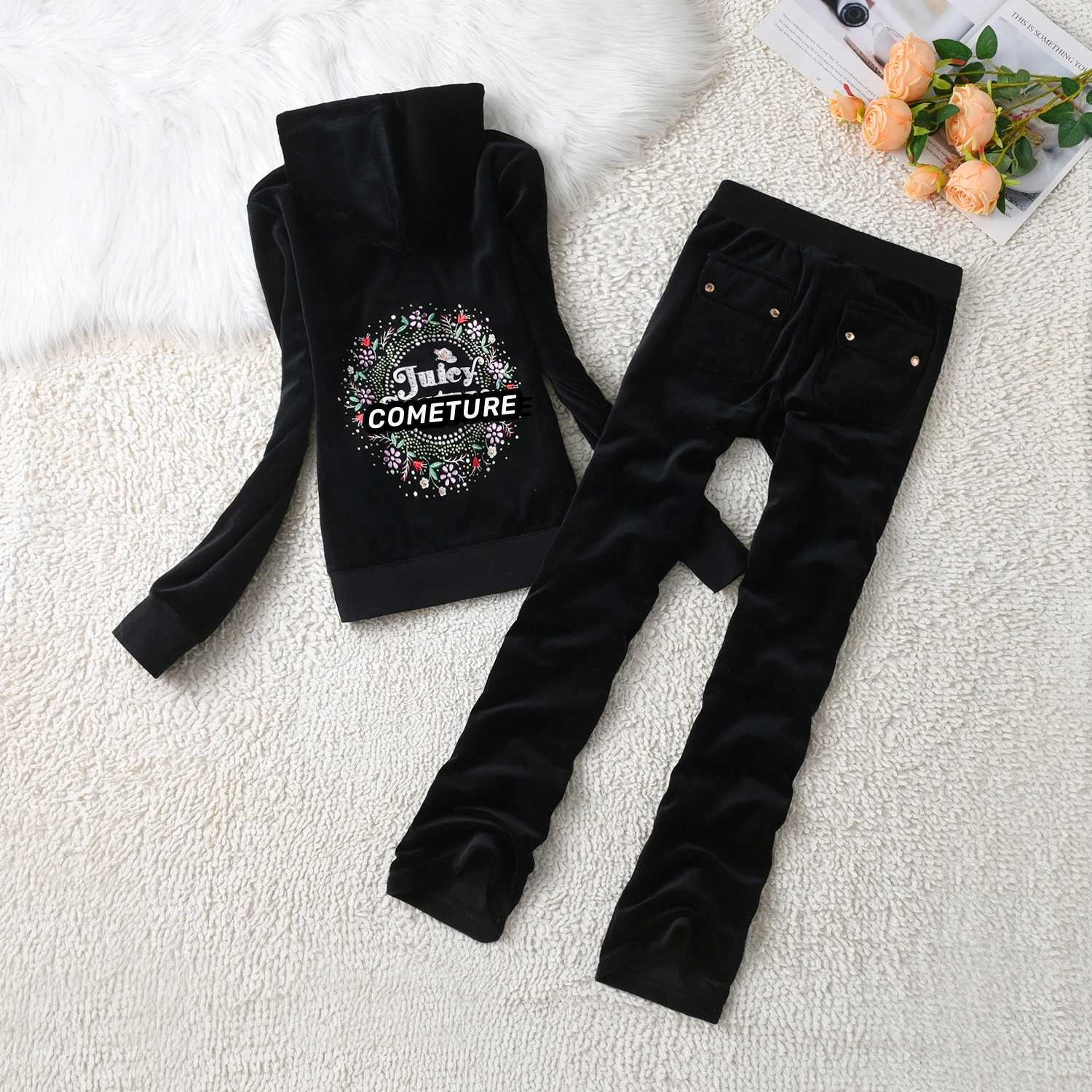 Women's Two Piece Pants 2025 New Juicy Cometure Velvet Tracksuit Embroidered Crystal Flower Pattern Hooded Sweatshirt Casual Sports Velvet Suit 2