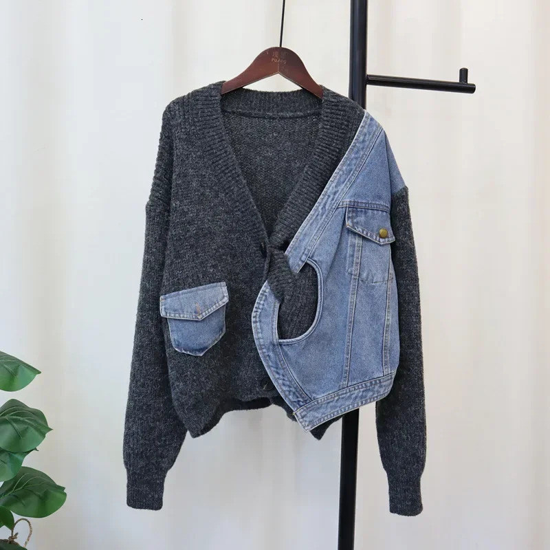 2024 Women Denim Sweater Cardigan Cross Kintted Button Loose Spring Autumn Vintage Winter Streetwear Y2k Jumper Coat Cardigans 241010