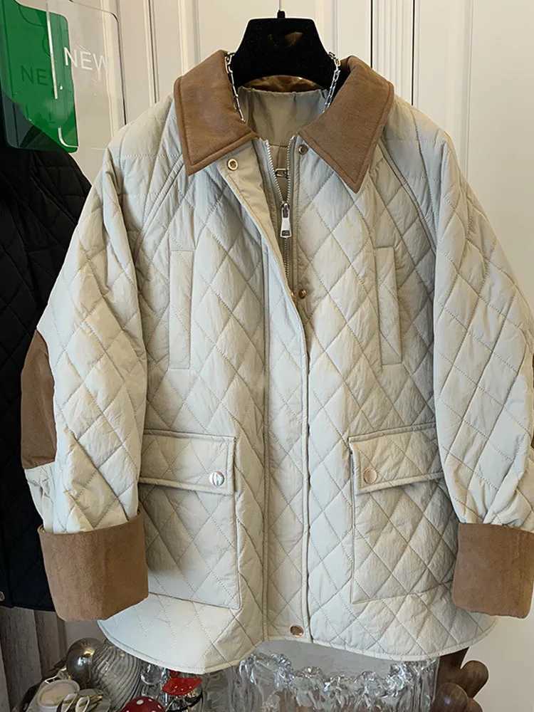 Turn-down Collar M-3XL Patchwork Contrast Color Rhombus Cotton Padded Coat Long Sleeve Zipper Lady Retro JacketX241019