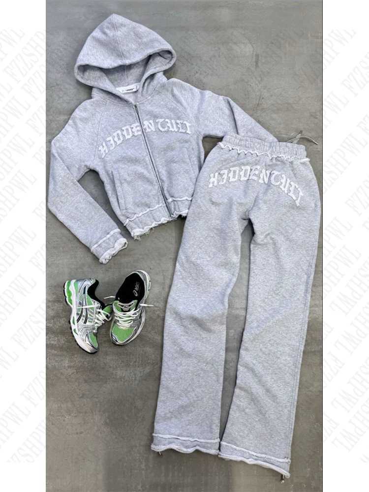 Women's Two Piece Pants Aesthetic Grey Fall Winter Outfit Punk Casual Retro Burrs Grunge Strtwear emo Girl Fairy Women Zipper Jacket Fashion Trou