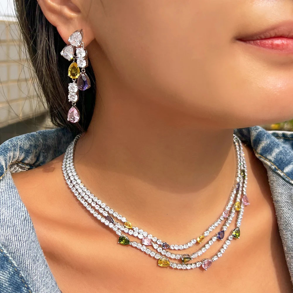 Three layers of shiny colored cubic zirconia three rows of multi-layer bridal wedding necklace earrings jewelry set for women TZ784 241018