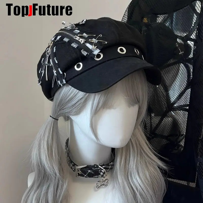 Wholesale custom womens Harajuku Gothic Lolita beret Y2K girls steampunk zipper handmade sun hat 241018
