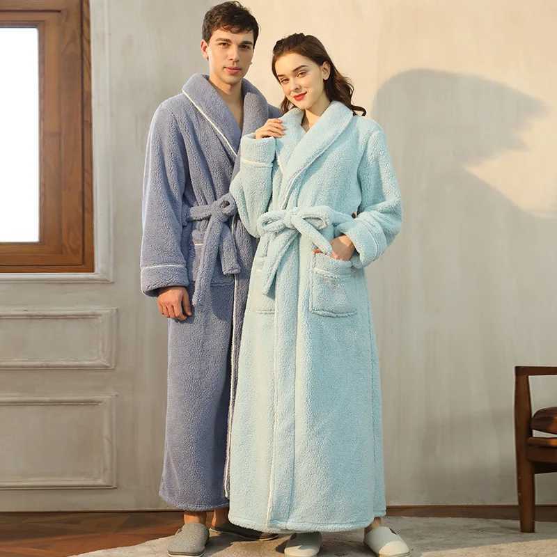 Women Winter Extra Long Warm Flannel Bathrobe Plus Size Thick Coral Fleece Bath Robe Lovers Spa Dressing Gown Men Cozy SleepwearXJ241018