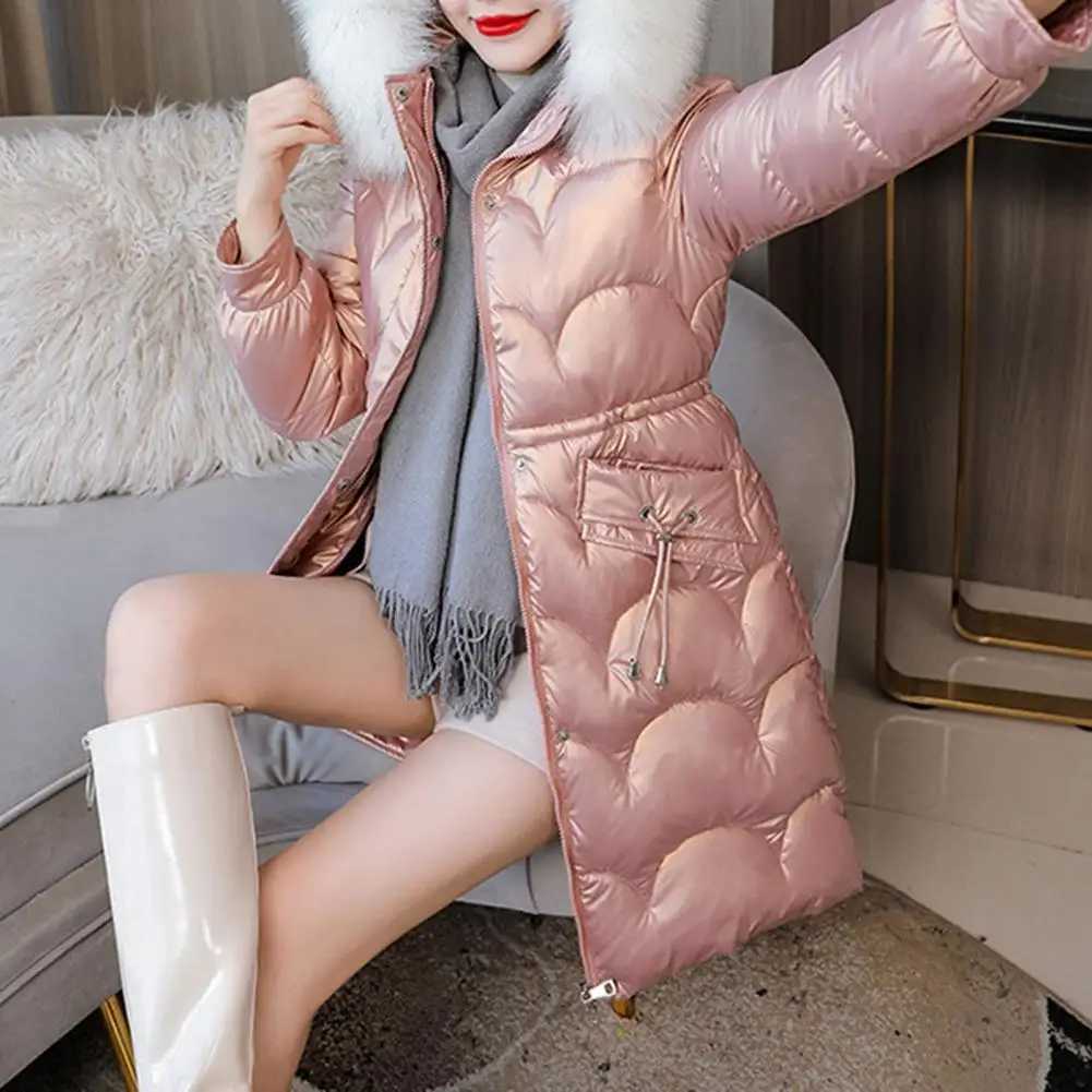 Women Winter Cotton Coat Thickened Padded Faux Fur Hood Winter Outerwear Smooth Slim Fit Windproof Mid Length Hooded Down CoatX241019