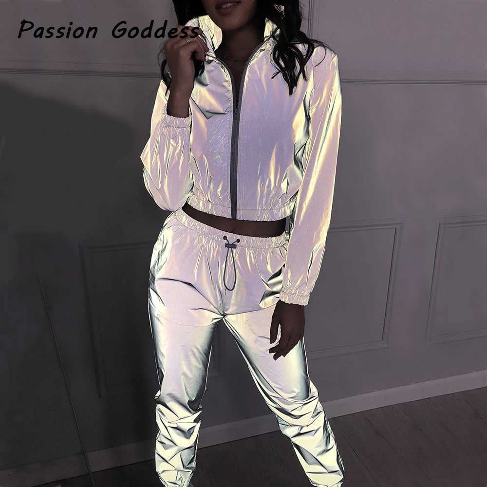 Womens Two Piece Pants 2 Piece Women Reflective Tracksuits Sets Outfits Luminous Loose Drawstring Jackets High Waist Sweatpants Leisure Jogger Suit 3 