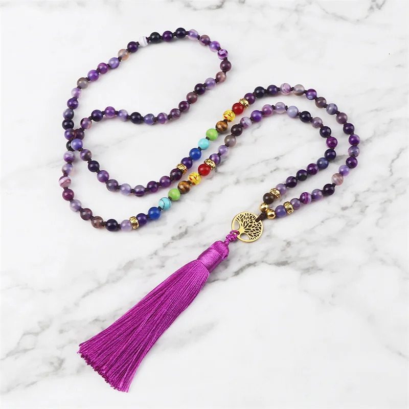 Natural purple agate stone necklace suitable for women 7 chakra spiritual energy 108 Japamala Mala beads tassel long necklace jewelry 241018