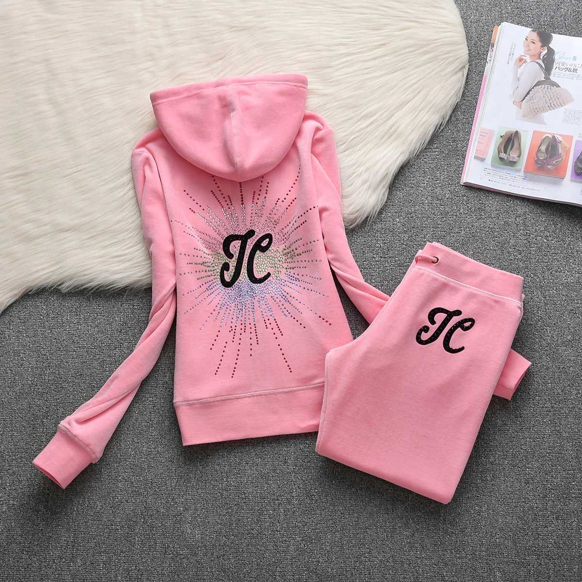 Womens Two Piece Pants Juicy comedy velvet track and field suit womens sports hoodie crystal decoration three directional pattern velvet set 2piece wi