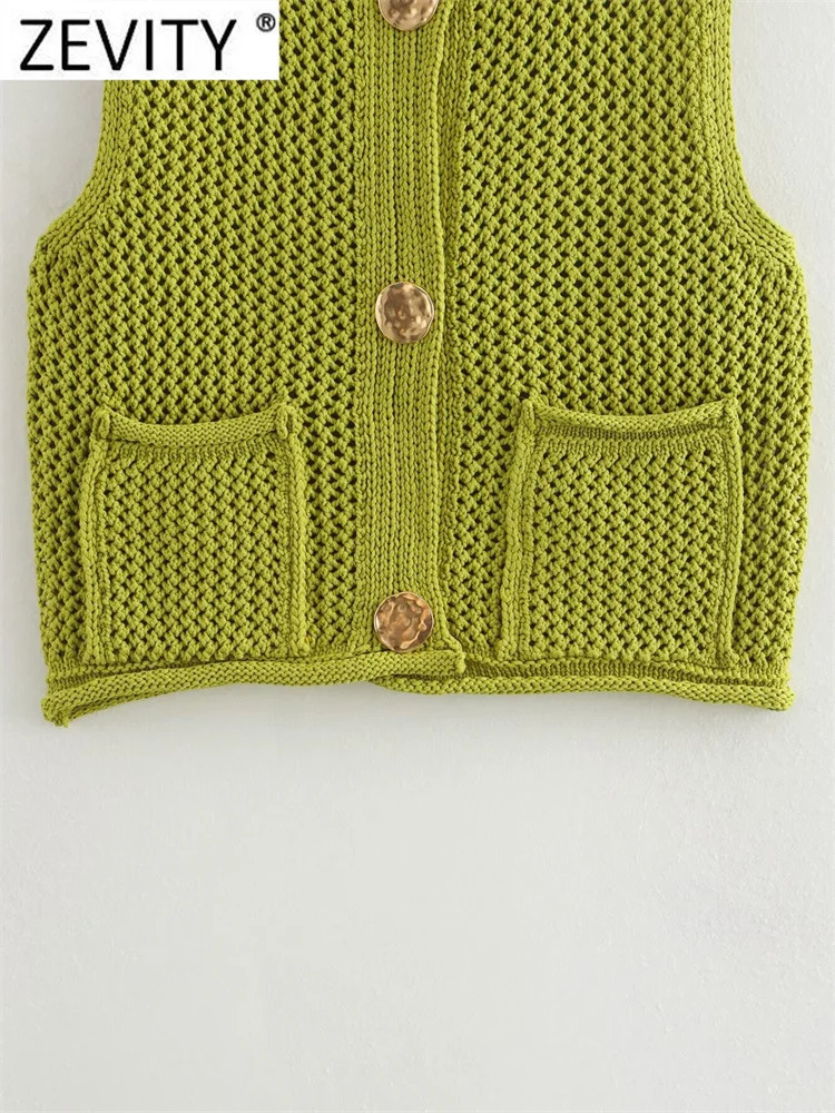 Zevity Womens Fashion Sleeveless Jacket Knitted Tank Top Womens Sweater Fashion Large Pocket Patch Button Open Top SW6265 241018