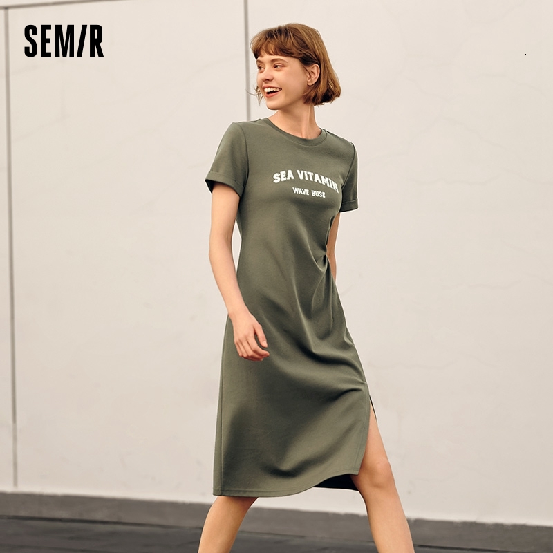 Semir Women Vintage Casual Midi 2024 Summer New Letter Print Split T-Shirt Dress