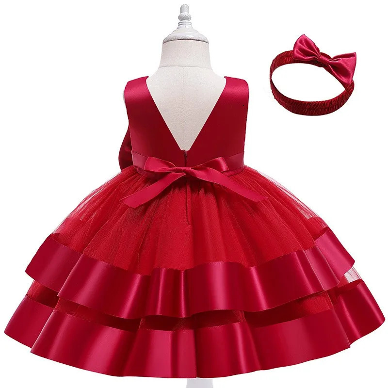 Satin Gauze Big Bow Baby Girls Princess Dress Summer Wedding Ball Christmas Birthday Party Costume Girl Dresses Gift Headband 241008