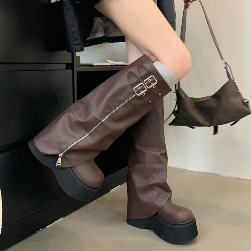 Autumn and Winter Short and Fat Womens Knight High Heels Fashion Platform Flat Shoes Long Boots Western Denim Shoes 241018
