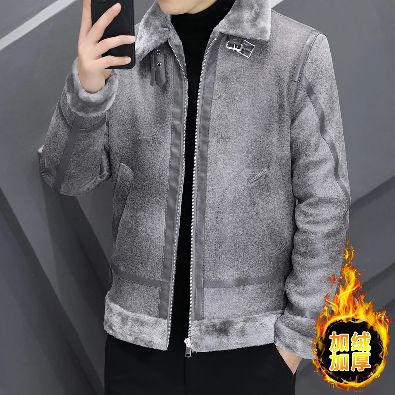Winter Leather jacket Mens Warm Fashion Casual Thicken Lamb Wool Jacket Men Loose Thick Solid color Coats 241010
