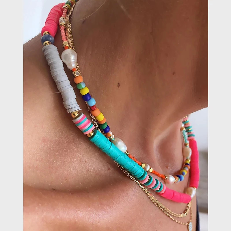 Womens Summer Fashion Pearl Necklace Unique Splicing Design Bohemian Style Colorful Polymer Clay Jewelry Necklace Gift for Friends 241018