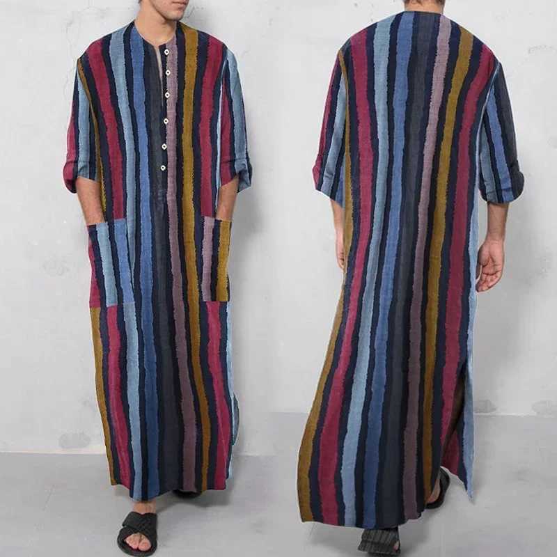 Men Sleep Robe Trendy Muslim Jubba Thobe Men Islam Kaftan Cotton Pakistan Saudi Arabia Djellaba Long Sleeve One-Piece Long DressXJ241018