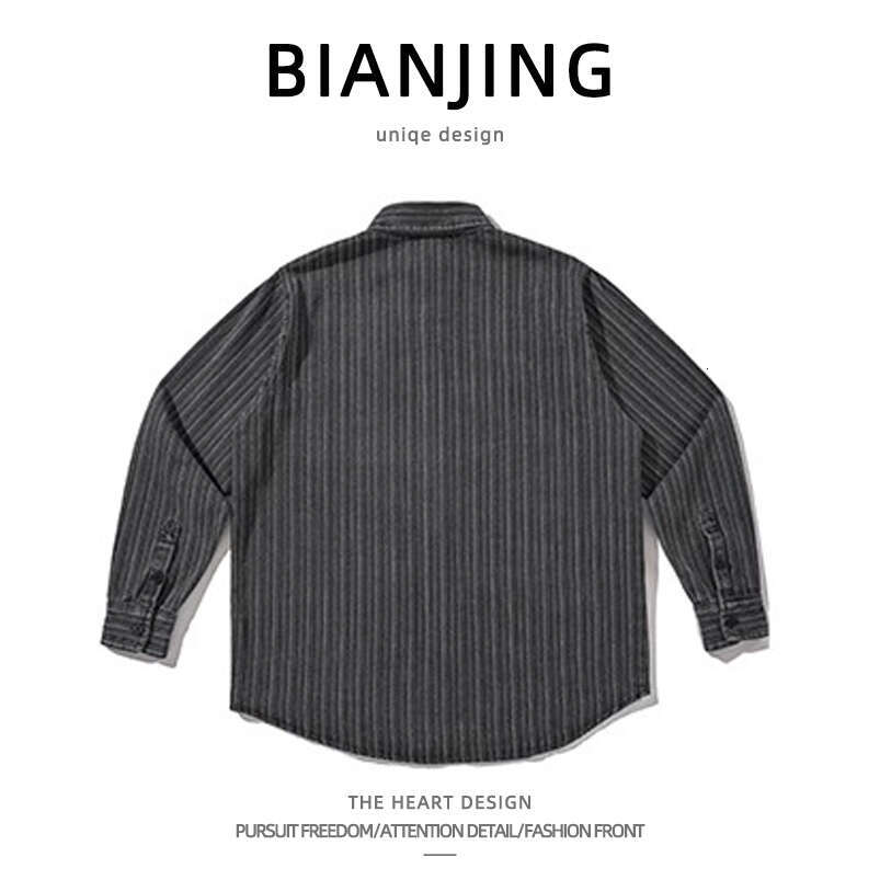 shanshi Men's shirts American badge embroidered striped denim long sleeve men casual cool trendy workwear shirt for men