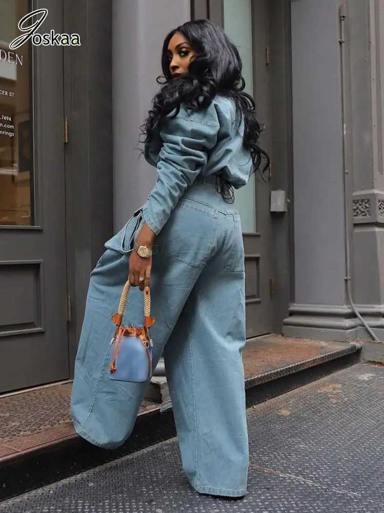 Women's Two Piece Pants Joskaa casual denim two-piece womens solid long Sleve zipper drawstring jacket and pocket jeans competition 2024 Y2K T-sh