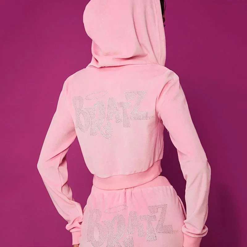 Womens Two Piece Pants Harajuku Womens Zipper Hoodie Oversized Rhinestone Kawaii Jogging BRATZ Printed Sports Pants Y2k Jogging Plush Aesthetic Wome Y