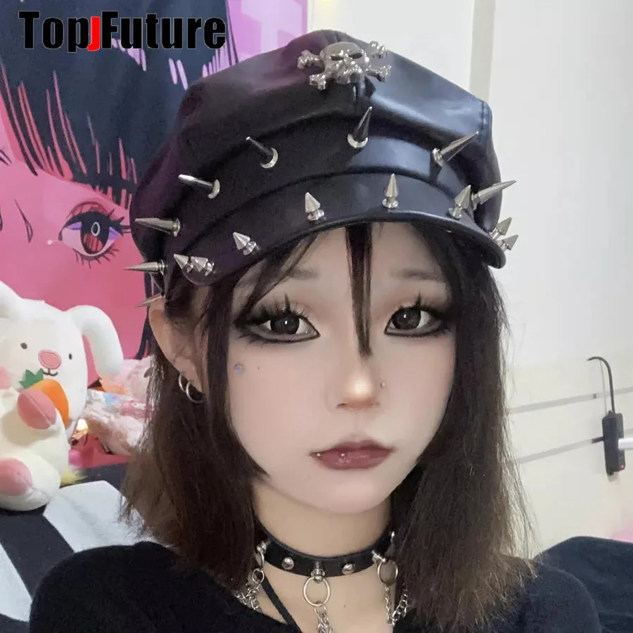 Harajuku Gothic Lolita Steampunk Hat with Rivet Nails Y2K Girls Metal Punk Nail Decor Hat 241018
