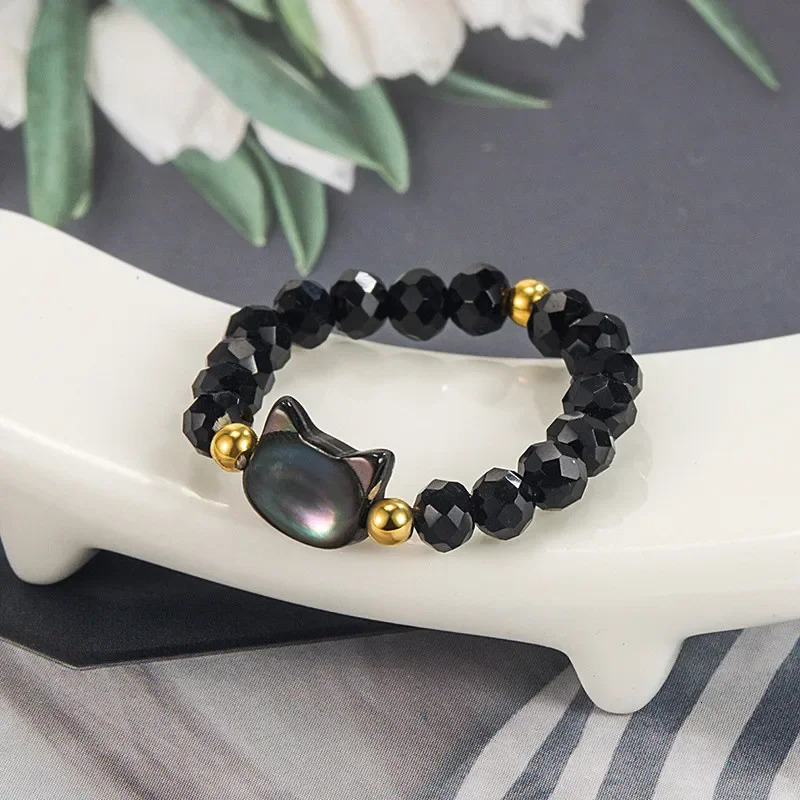 Fashion Natural Moonstone Obsidian Rings Minimalist Handmade Cute Black White Cat Bead Ring Women Party Accessories Jewelry Gift 241010