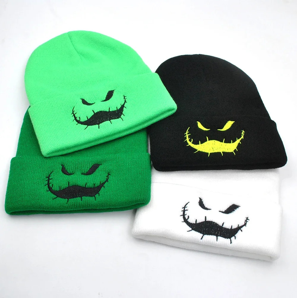 Devil Embroidery Beanie Hat Halloween Knitted Hats Unisex Ski Ghost Grimace Embroidery Cap Coldproof Skullies Oogie Boogie 241007