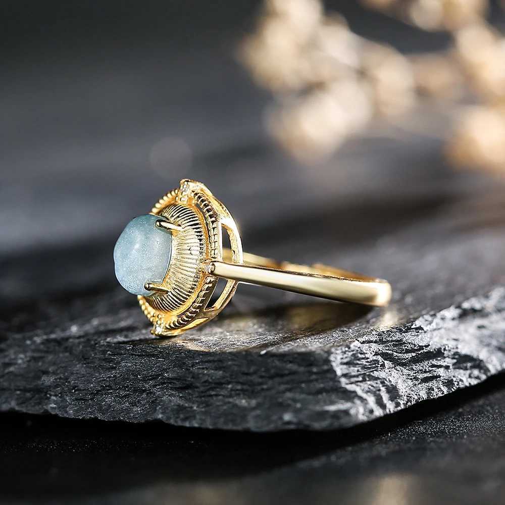 New 18k gold-plated S925 sterling silver womens ring paired with aquamarine wedding jewelry adjustable size Y241019