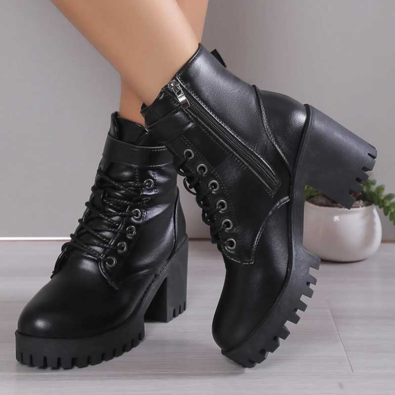 2023 Black PU Leather Platform Short Boots for Women Side Zipper Thick High Heels Punk Botas De Mujer Y241019