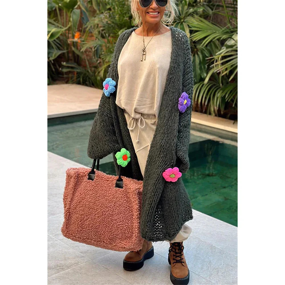 Knitted Cardigan Women 2024 Elegant Loose Long Outerwear Crochet Flowers Sweater Coat Soft Cover Up Fashon Streetwear Outfits 241009