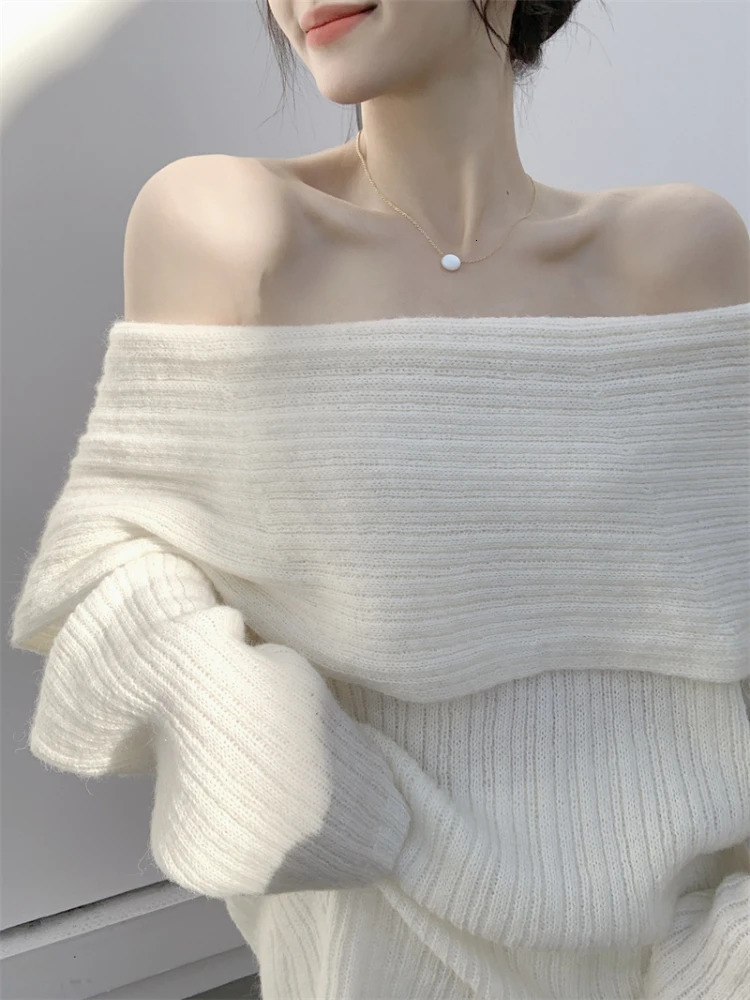 Autumn Sexy White Knitted Sweater Women Long Sleeve Pure Color Korean Fashion Y2k Clothing Elegant Pullover Female 241010