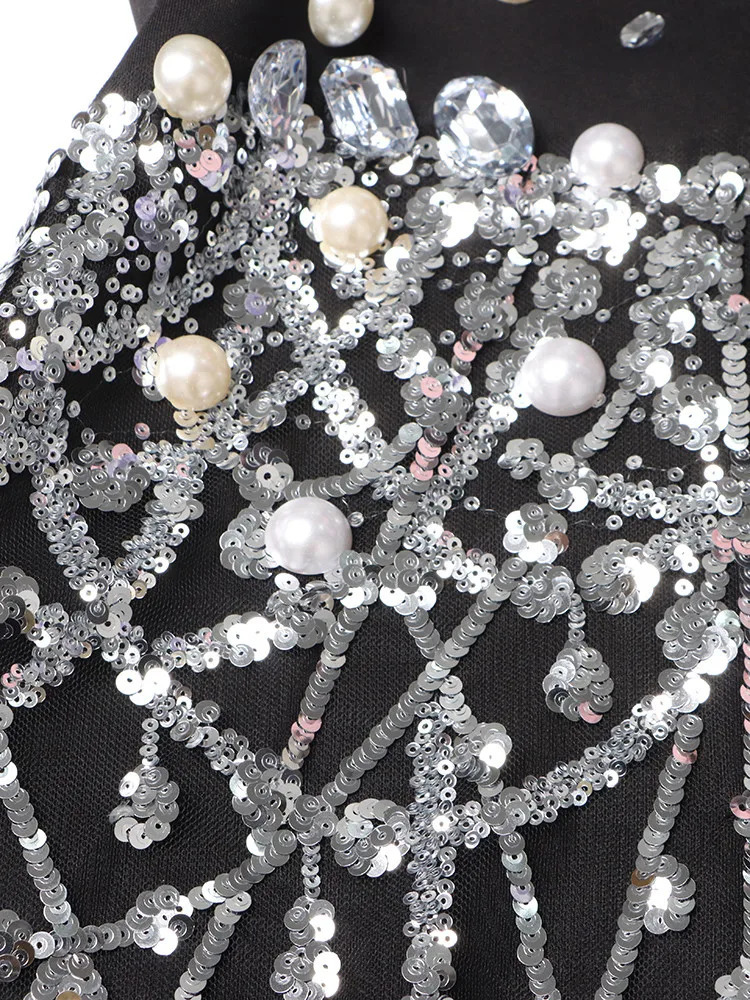 TWOTYLE applique sequin womens warm dress with lapel long sleeved high waisted patchwork pearl mini dress womens style 241017