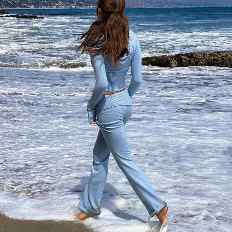Women's Two Piece Pants Y2K Womens 2-piece Knitted Set Solid Color Long Sleve Zipper Slimming Hoodie Crop Top and High Waist Long Pants Set Y2410