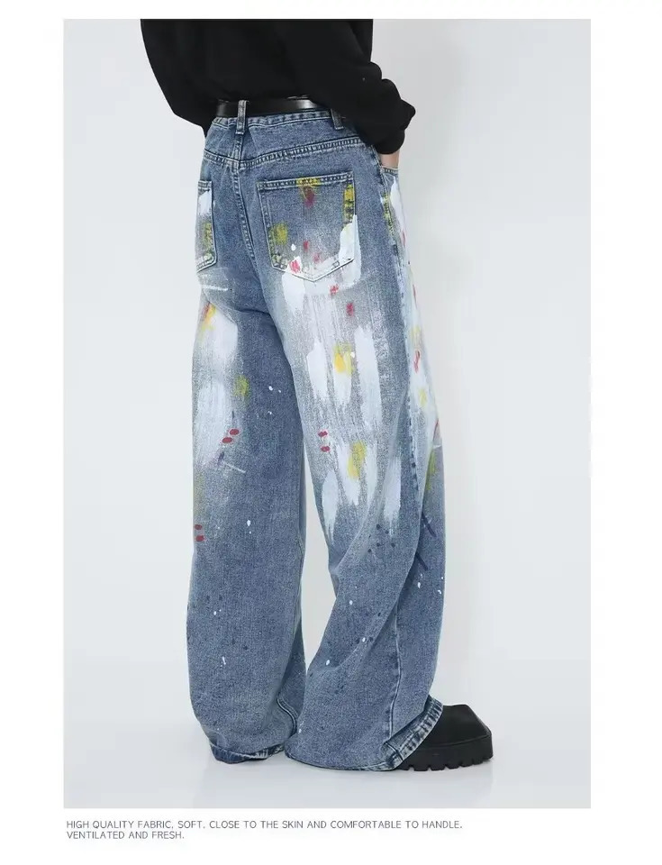 Y2K mens splash ink jeans hip-hop fashion graffiti hole straight leg denim shorts Y2K streetwear jeans 241007