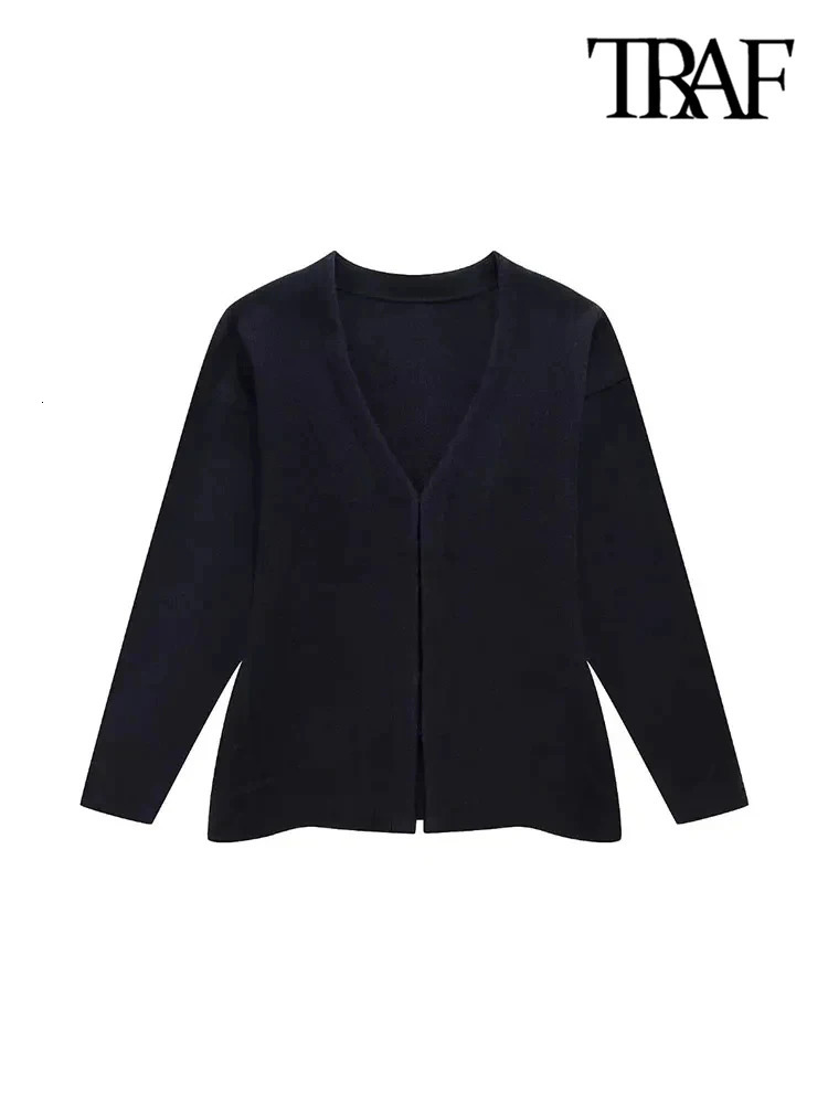 TRAF womens front hook fit knitted cardigan V-neck long sleeves side split hem womens coat fashionable top 241018