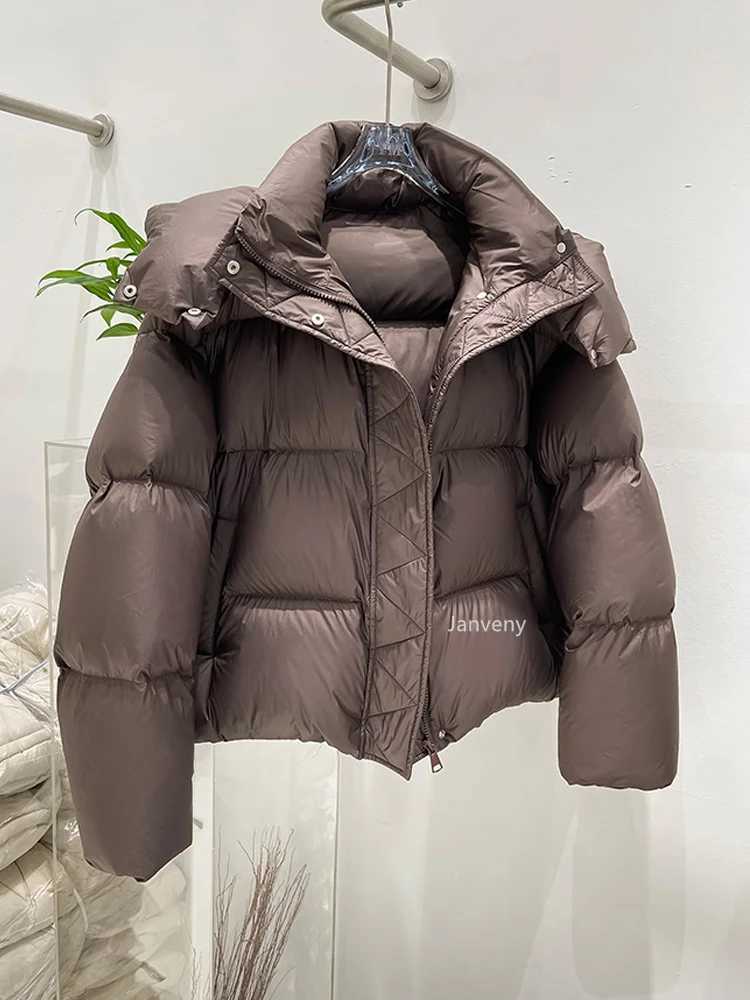 Women's Down Parkas Janveny thick short bread down jacket womens winter warm solid inflatable jacket hooded 90% duck down jacket womens fluffy Pa